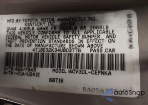 2004 Toyota Camry Le из США, поврежденный, VIN 4T1BE32K34U803776